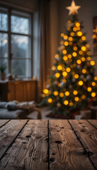 rustic holiday background with glowing christmas tree and text space