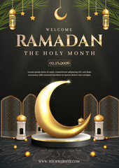 Ramadan Welcome Banner With Golden Crescent Moon, Lanterns, And Elegant Gold Text