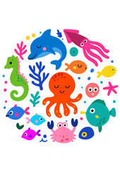 Digital card template, Vivid illustration of various sea creatures suitable for marine-themed web design and educational content.