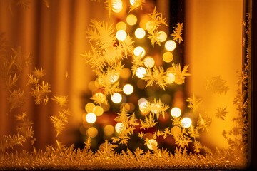 Warmly lit Christmas tree with glowing lights and frosty decorations