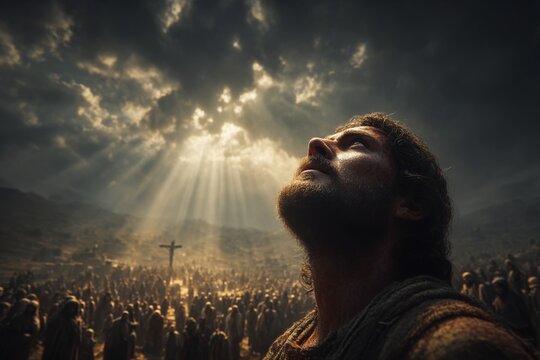 face of the crucified Jesus looking up to heaven in fervent intercession, while behind him a crowd of people cower in fear