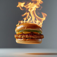 Flaming Chicken Burger with Cheese and Pickles flaming burger