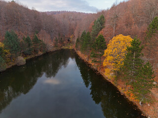 Aerial view of the lake in Topuk Plateau National Park, surrounded by a tranquil forest landscape on the Domanic - Inegol road