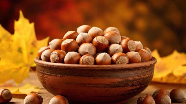 Rustic bowl overflowing with whole hazelnuts on wood, autumn foliage, warm blurred backdrop