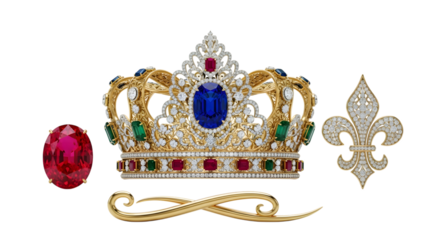 Royal crown and jewelry isolated on transparent background