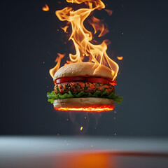 Flaming hamburger with lettuce tomato and fire flames