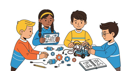 Diverse group of children engaged in a STEM robotics project.