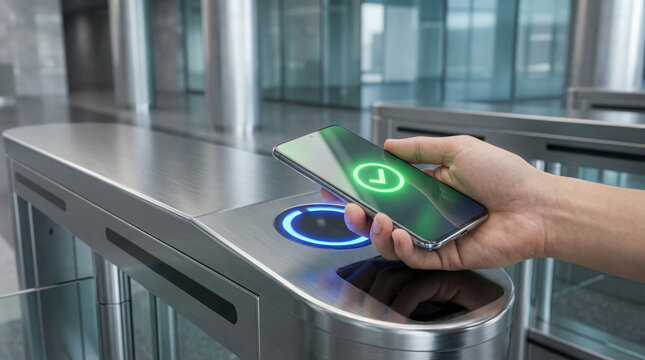 Person Uses Smartphone for Access Control at Modern Turnstile mobile phone hand