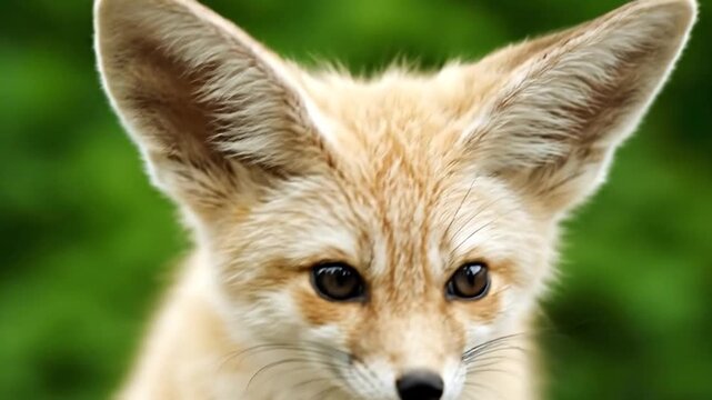 Close-up of a cute fennec fox face, showing large ears, dark eyes, and a furry coat