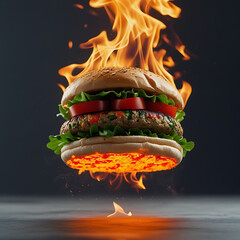 Flaming Hamburger with Lettuce Tomato and Sesame Seed Bun