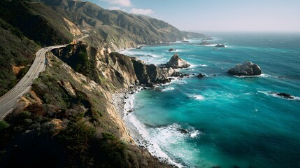 Fototapeta premium Coastal Highway Adventure Scenic California Road Trip Through Rugged Mountains Turquoise Ocean