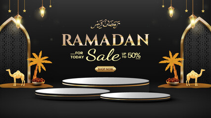Ramadan Sale Banner With Golden Lanterns, Platforms, And Crescent Theme