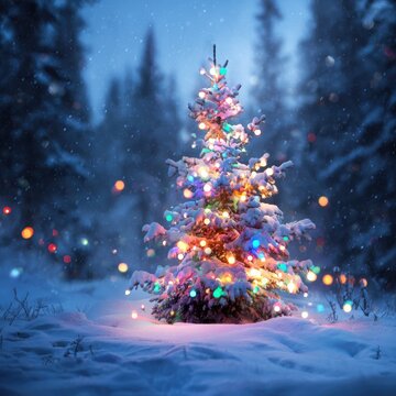 A beautifully decorated Christmas tree adorned with colorful lights, surrounded by a serene snowy landscape in a winter wonderland.