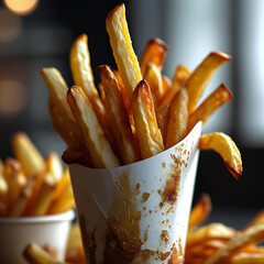 French fries in a white paper container food snack