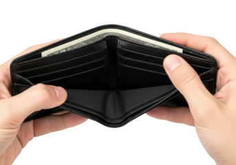 Hands opening an empty black wallet isolated on transparent background