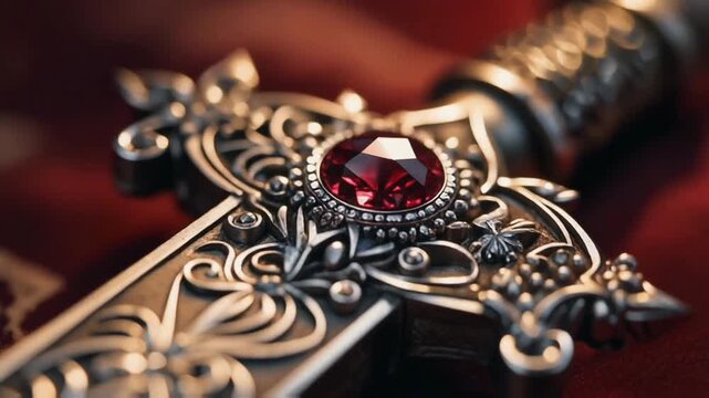 Ultra macro on a king ceremonial sword, silver engravings glowing under warm light, ruby inlays sparkling, metal textures crisp, sacred regal aura.