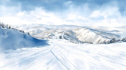 Serene winter ski resort illustration snow slopes mountains blue sky frosty atmosphere landscape
