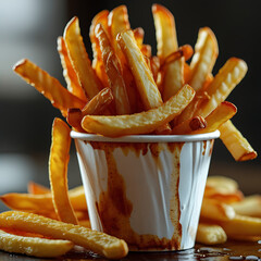 French fries in a white paper cup on a table food snack
