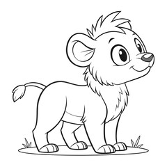 Fototapeta premium Cute baby lion cub standing on the grass, coloring book page for children.