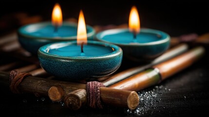 Three lit tealight candles rest in turquoise ceramic bowls atop wooden elements