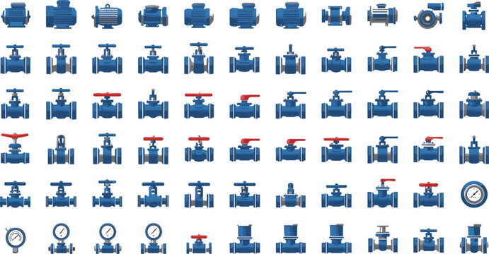 Large collection of industrial plumbing valve icons featuring blue pipe fittings, water control ball valves, pressure gauges, and hardware components for professional engineering systems.