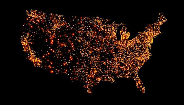 Glowing orange lights form a network across the United States map on a dark background America geography