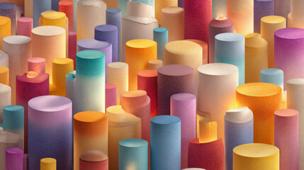 Colorful array of cylindrical shapes, possibly foam or insulation materials, displaying a varied palette of purples, blues, yellows, and whites.