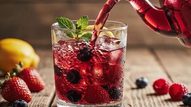 Vibrant red berry drink with ice and mint poured into a glass, surrounded by fruit