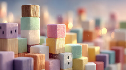 Colorful marshmallows in cube shapes with smiling faces stacked in an uneven, playful cityscape against a blurred background.