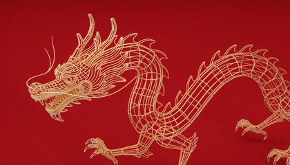 Minimalist 3D Dragon Sculpture Crafted from Thin Gold Wires on Solid Deep Red Background