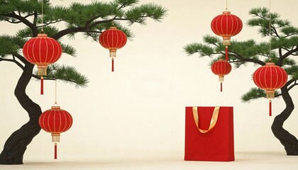Minimalist 3D Scene of Red Gift Bag with Golden Handle Surrounded by Decorative Lanterns for Celebrating Lunar New Year