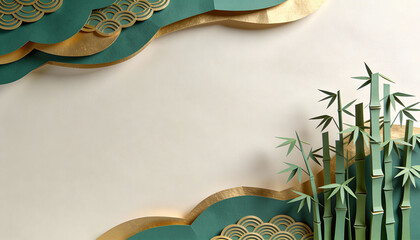 3D Textured Bamboo Forest Background with Elegant Green and Gold Elements for Creative Projects