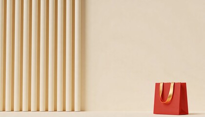 Minimalist 3D Scene Featuring Red Gift Bag with Golden Silk Handle in Contemporary Setting for Celebrations and Occasions