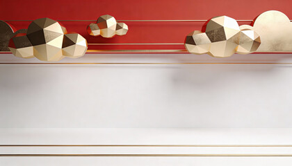 Minimalist 3D Geometric Background with Floating Gold Clouds on a Red Surface Ideal for Banners and Modern Designs