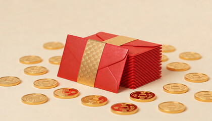 Stack of three vibrant red envelopes with gold foil patterns surrounded by scattered gold coins on a neutral background