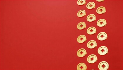 3D Composition of Floating Matte Gold Coins Arranged in a Vertical Line on a Vibrant Red Background