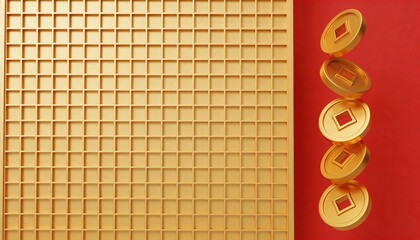 Lucky Coins in Vertical Line with Matte Gold Finish on Red Background for 3D Composition