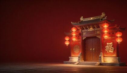 Grand 3D Chinese Temple Gate Decorated with Glowing Red Lanterns and Golden Fu Characters on a Dim Background