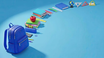 Blue School Backpack With Stacked Books Apple and Mathematics Tools for Academic Success