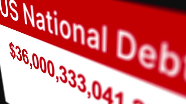 US national debt counter displaying thirty four trillion dollar amount on red and white background symbolizing government finance deficit economy fiscal policy public spending taxation budget crisis