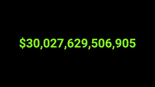 Digital GDP counter showing growth from twenty eight trillion to thirty two trillion dollars black background representing national economic expansion financial performance market scale data analysis