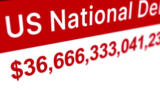 US national debt counter increasing from thirty four trillion to forty two trillion dollars showing rising government spending deficit fiscal pressure economic risk public finance growth and financial