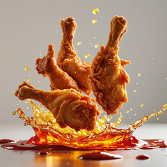 Fried chicken legs splashing in oil splash food cooking