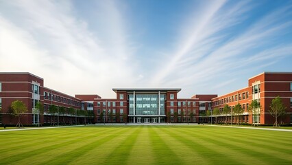 modern building in the park, Modern University Campus Building with Green Lawn and Symmetrical Architecture