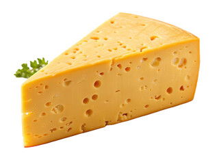 A vibrant, triangular wedge of Swiss cheese, showcasing a characteristic texture of numerous small, round holes throughout its creamy yellow-orange body, rests, isolated on transparent background.