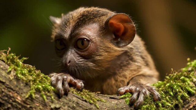 Adorable furry primate with huge round eyes peeking from a moss-covered branch