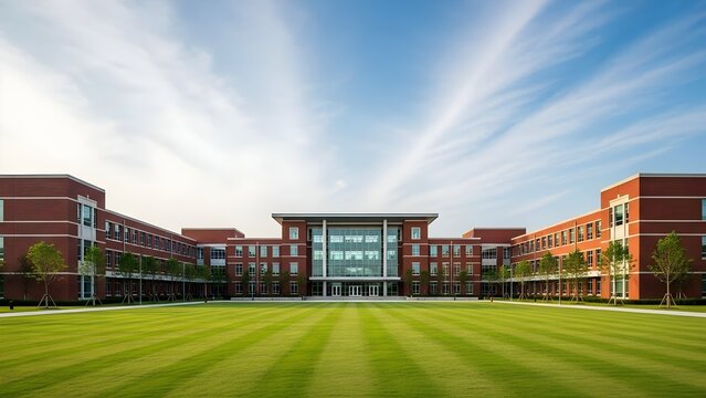 modern building in the park, Modern University Campus Building with Green Lawn and Symmetrical Architecture