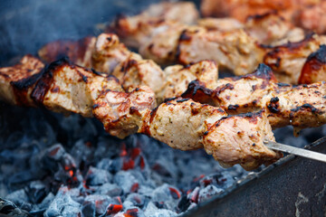 A skewer of meat is being cooked on a grill