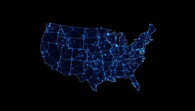 Digital network map of the United States with glowing blue connections on black background America