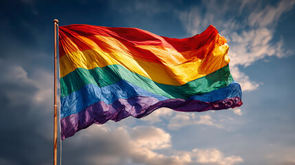 Vibrant rainbow flag waving against a cloudy sky, symbolizing pride and LGBTQ+ rights movement.